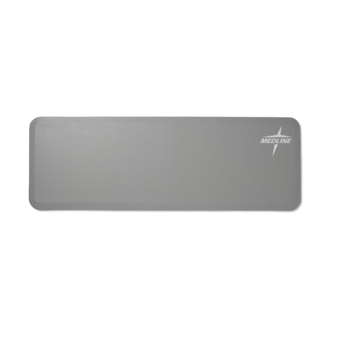 A rectangular, grey Medline Beveled Edge Bedside Fall Mat with rounded corners and a white Medline logo in one corner is shown on a white background—ideal for use in your product description or spec table.